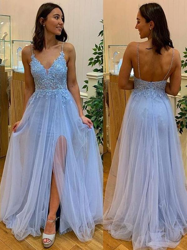 V Neck Sky Blue Lace Prom Dresses, Sky Blue Lace Formal Evening Dresses