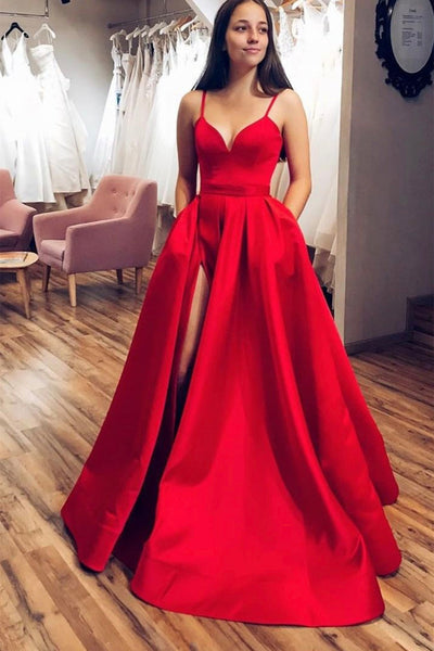 V Neck Spaghetti Straps Red Satin Long Prom Dresses with High Slit, Red Formal Graduation Evening Dresses with Pocket EP1866