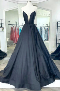 V Neck Strapless Black Satin Long Prom Dresses, Strapless Black Formal Dresses, Long Black Evening Dresses EP1835