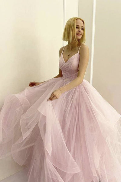 V Neck Thin Straps Pink Tulle Long Prom Dress, Pink Fluffy Formal Evening Dress