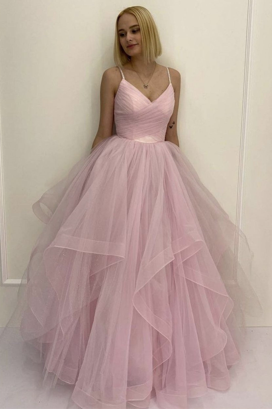 V Neck Thin Straps Pink Tulle Long Prom Dress, Pink Fluffy Formal Evening Dress