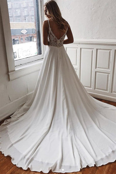 V Neck White Chiffon Lace Back Long Prom Dresses, White Chiffon Wedding Dresses with Train, White Formal Evening Dresses EP1683