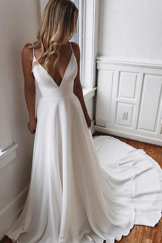 V Neck White Chiffon Lace Back Long Prom Dresses, White Chiffon Wedding Dresses with Train, White Formal Evening Dresses EP1683