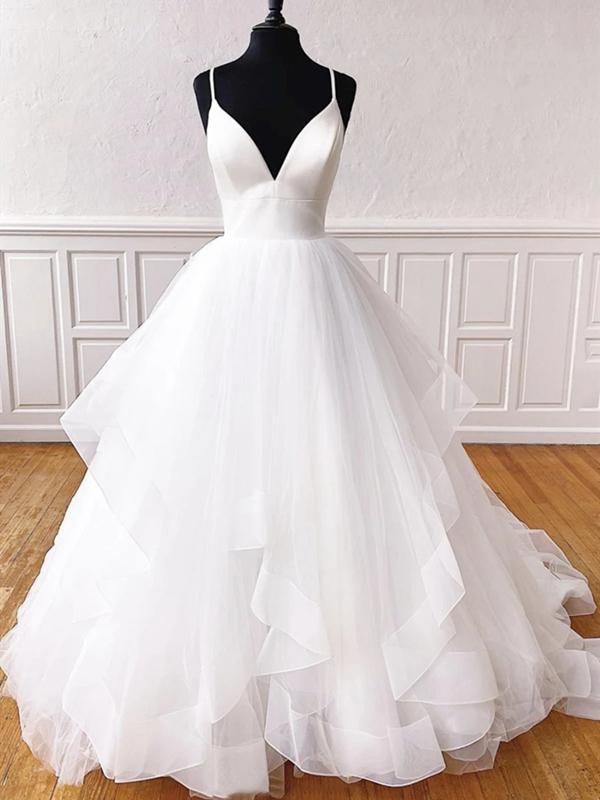 V Neck White Tulle Wedding Dresses, V Neck White Formal Prom Evening Dresses