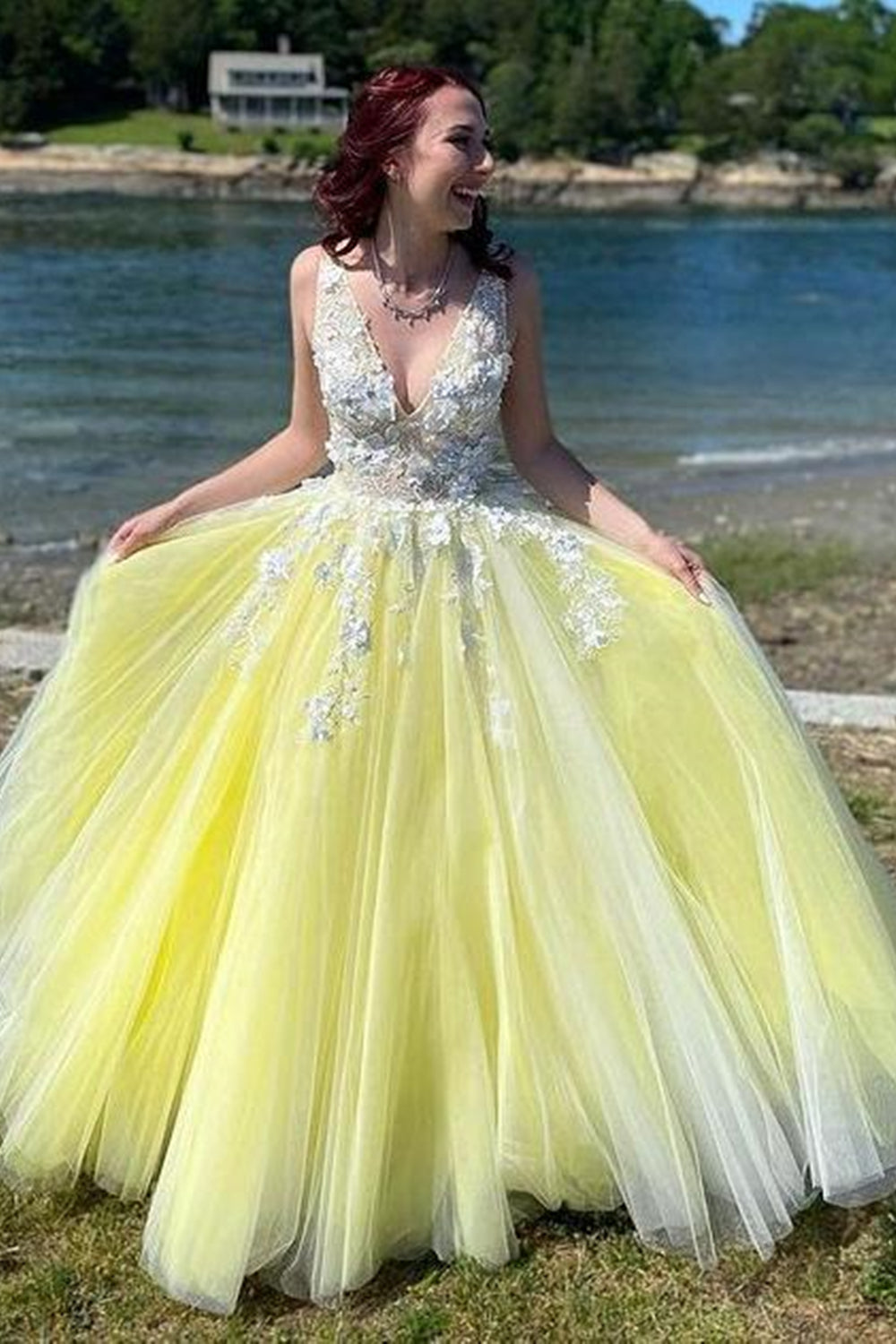 V Neck Yellow Lace Appliques Long Prom Dresses, Yellow Lace Formal Dresses, Yellow Evening Dresses EP1498