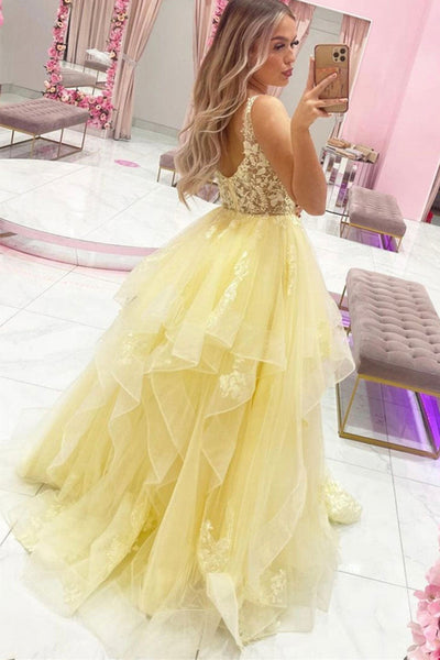 V Neck Yellow Lace Long Prom Dresses, Yellow Lace Formal Dresses, Layered Yellow Tulle Evening Dresses EP1716