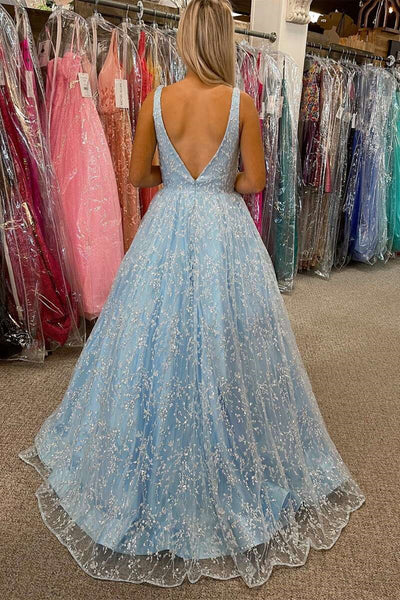 V Neck and V Back Beaded Light Blue/Red Lace Long Prom Dresses, Light Blue/Red Lace Formal Evening Dresses EP1863