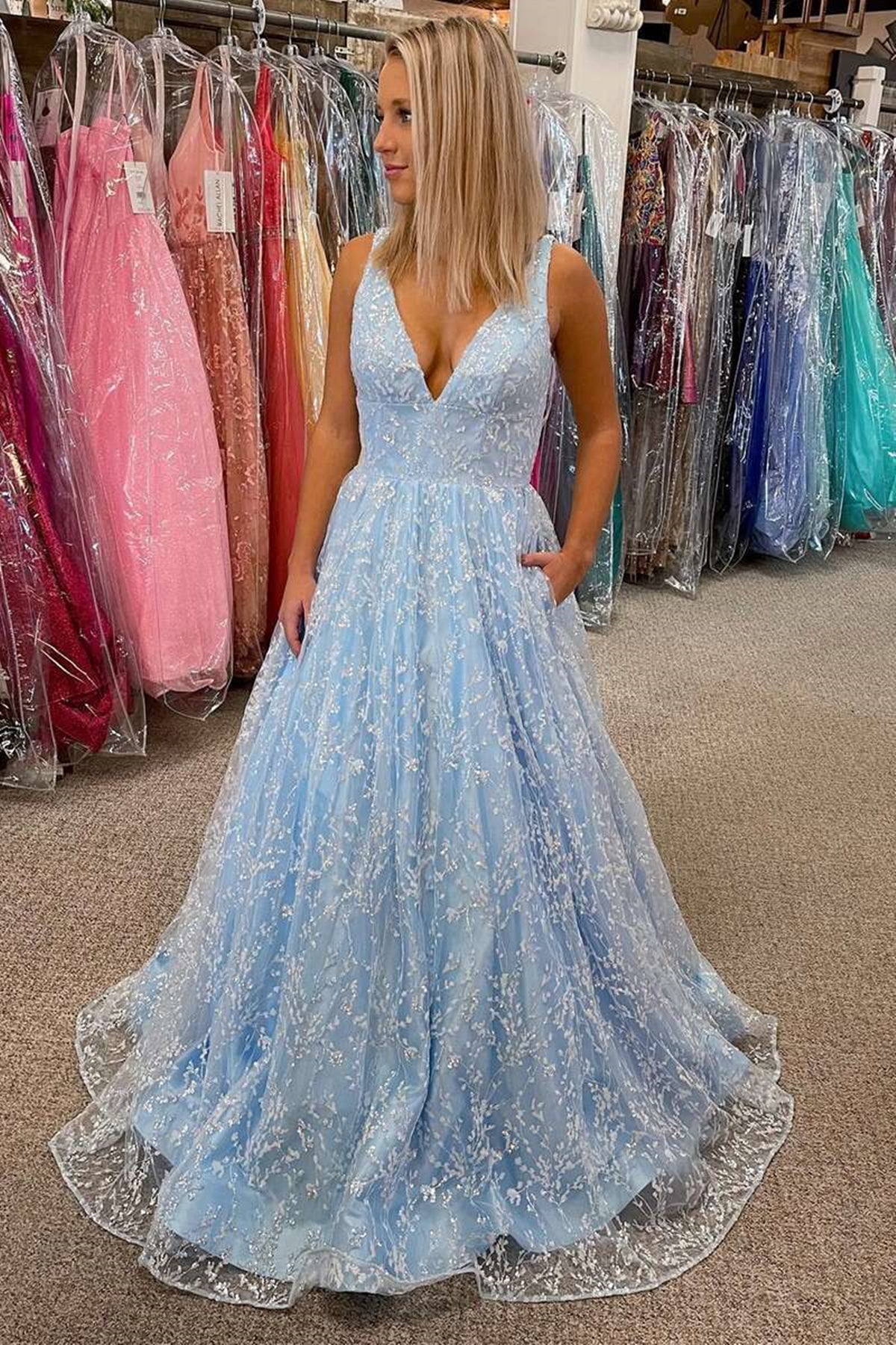 V Neck and V Back Beaded Light Blue/Red Lace Long Prom Dresses, Light Eip Collection V Neck and V Back Beaded Light Blue/Red Lace Long Prom Dresses, Light Eip Collection