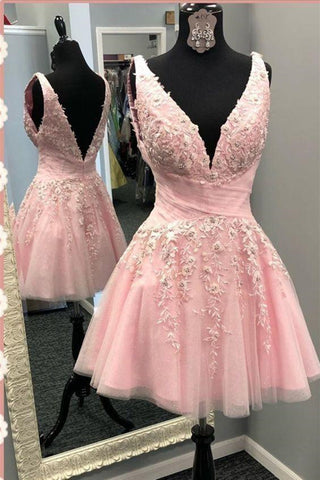 V Neck and V Back Beaded Pink Lace Prom Homecoming Dresses, Short Pink Lace Formal Graduation Evening Dresses EP1534