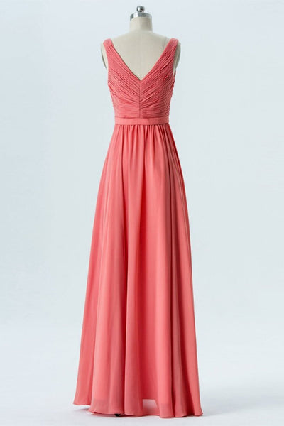 V Neck and V Back High Low Coral Chiffon Long Prom Dresses, Long Coral Formal Evening Bridesmaid Dresses with Slit EP1367