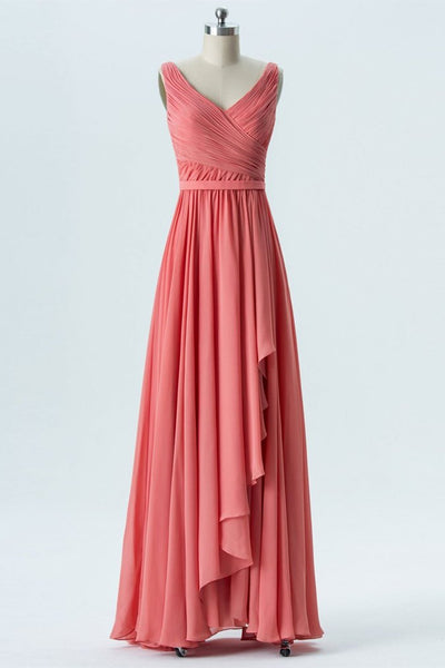 V Neck and V Back High Low Coral Chiffon Long Prom Dresses, Long Coral Formal Evening Bridesmaid Dresses with Slit EP1367