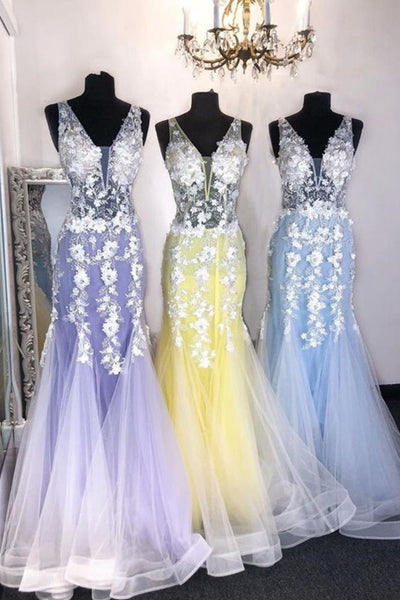 V Neck and V Back Mermaid Blue Long Prom Dresses with Lace Appliques, Mermaid Blue Lace Formal Evening Dresses EP1582