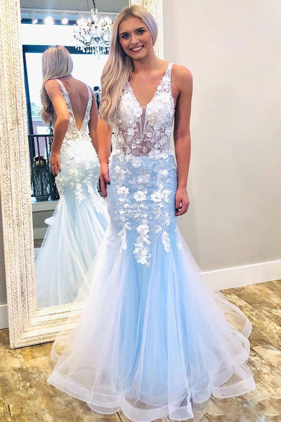 V Neck and V Back Mermaid Blue Long Prom Dresses with Lace Appliques, Mermaid Blue Lace Formal Evening Dresses EP1582