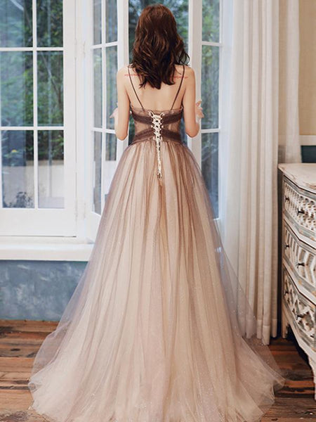 V Neck Brown Ombre Long Prom Dresses, Brown Ombre Floor Length Formal Evening Dresses