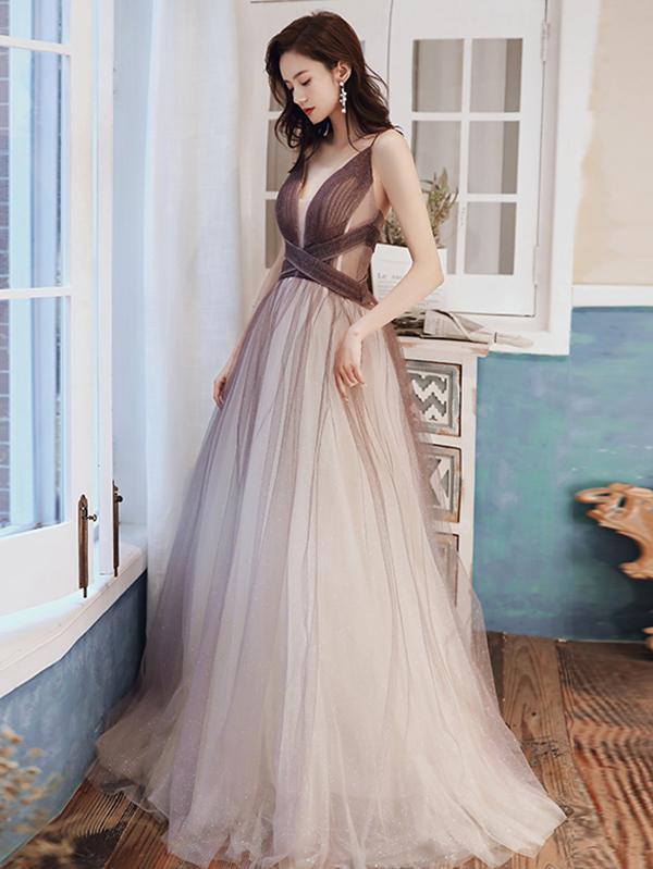 V Neck Brown Ombre Long Prom Dresses, Brown Ombre Floor Length Formal Eip Collection V Neck Brown Ombre Long Prom Dresses, Brown Ombre Floor Length Formal Eip Collection