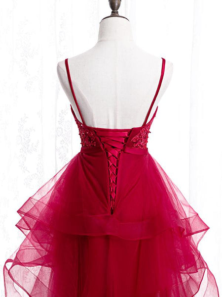 V Neck Burgundy Lace Prom Dresses, Wine Red Lace Formal Evening Graduation Dresses