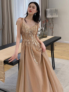 V Neck Champagne Lace Prom Dresses, Champagne Lace Long Formal Evening Dresses