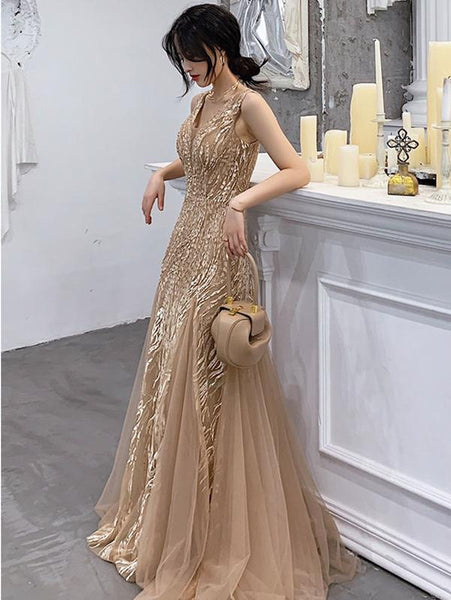 V Neck Champagne Lace Prom Dresses, V Neck Mermaid Lace Formal Evening Dresses