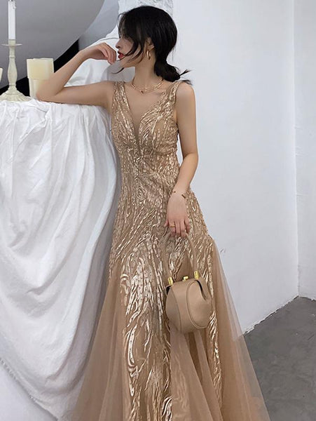 V Neck Champagne Lace Prom Dresses, V Neck Mermaid Lace Formal Evening Dresses