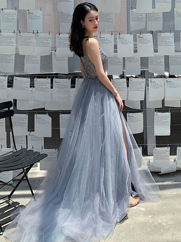 V Neck Gray Beaded Long Prom Dresses, V Neck Beaded Gray Formal Evenin –  Eip Collection