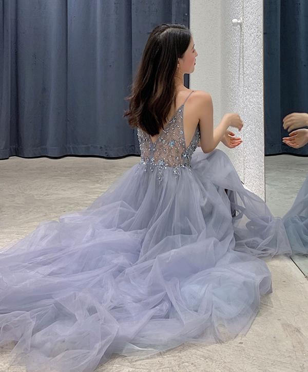 V Neck Gray Beaded Long Prom Dresses, V Neck Beaded Gray Formal Evenin Eip Collection V Neck Gray Beaded Long Prom Dresses, V Neck Beaded Gray Formal Evenin Eip Collection
