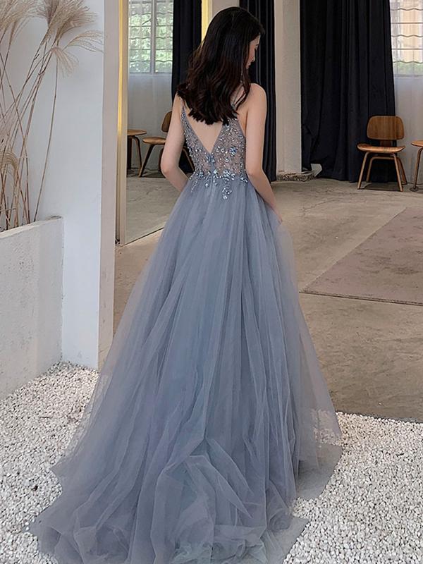 V Neck Gray Beaded Long Prom Dresses, V Neck Beaded Gray Formal Evenin –  Eip Collection