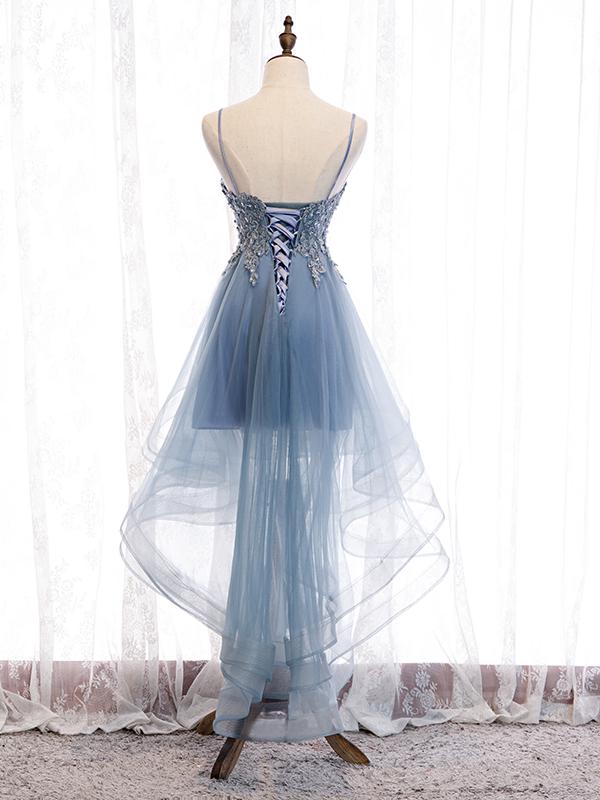 V Neck High Low Blue Lace Prom Dresses, Blue Lace High Low Formal Even Eip Collection V Neck High Low Blue Lace Prom Dresses, Blue Lace High Low Formal Even Eip Collection