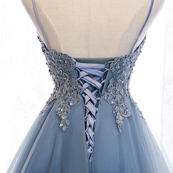 V Neck High Low Blue Lace Prom Dresses, Blue Lace High Low Formal Evening Graduation Dresses