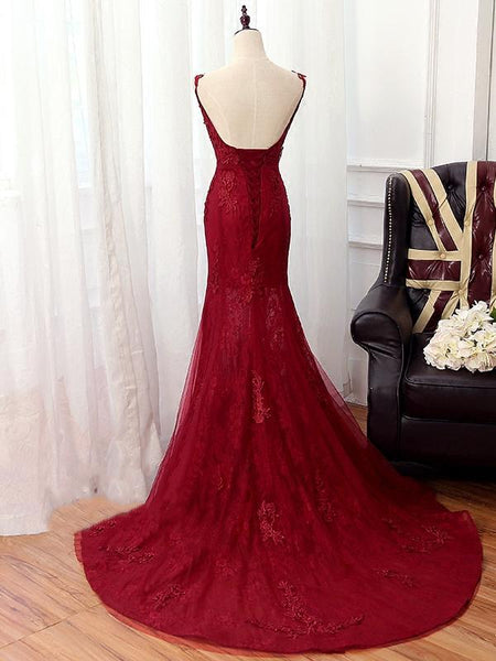 V Neck Red Mermaid Lace Prom Dresses, Red Mermaid Lace Formal Bridesmaid Dresses