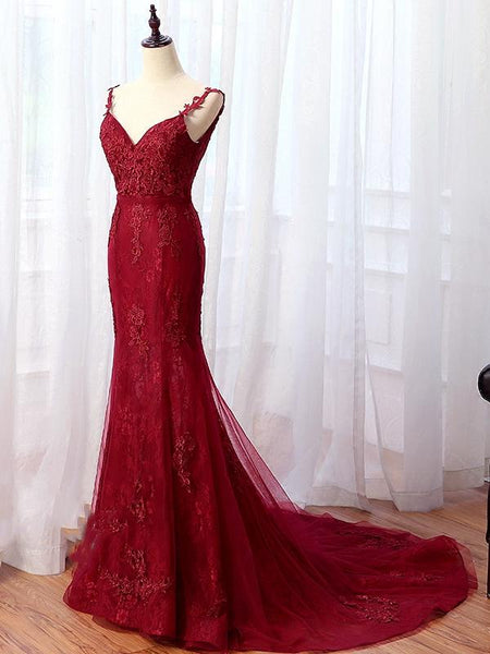 V Neck Red Mermaid Lace Prom Dresses, Red Mermaid Lace Formal Bridesmaid Dresses