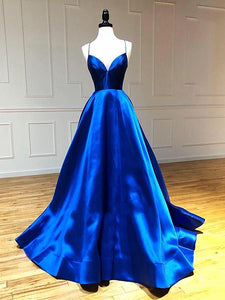 V Neck Royal Blue Backless Prom Dresses, Royal Blue Backless Formal Graduation Evening Dresses